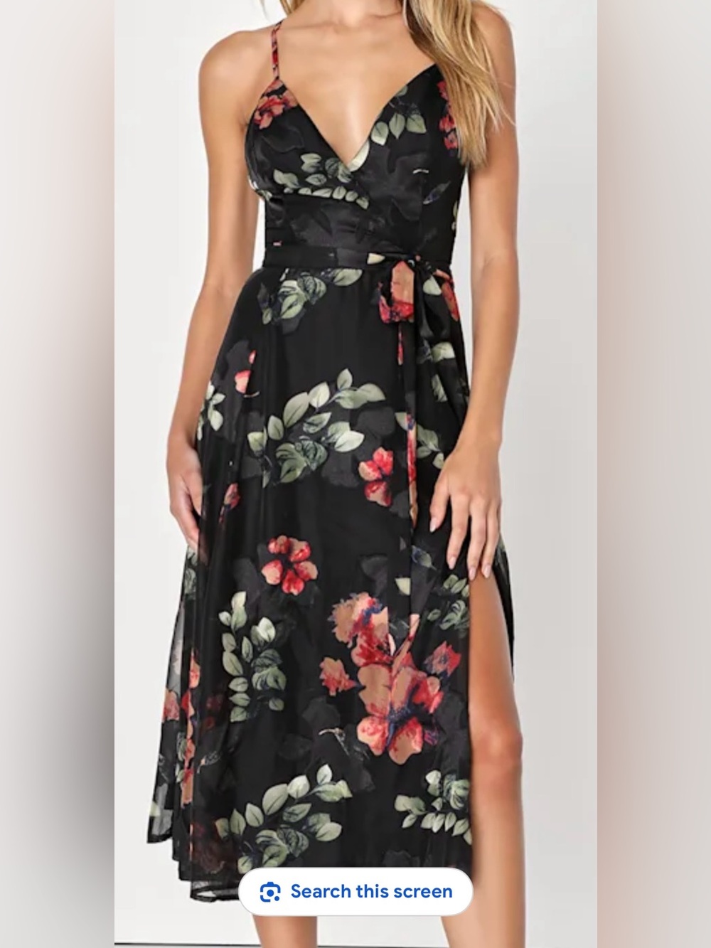Lulu's Black Floral Wrap Midi Dress with Red & Green Blooms